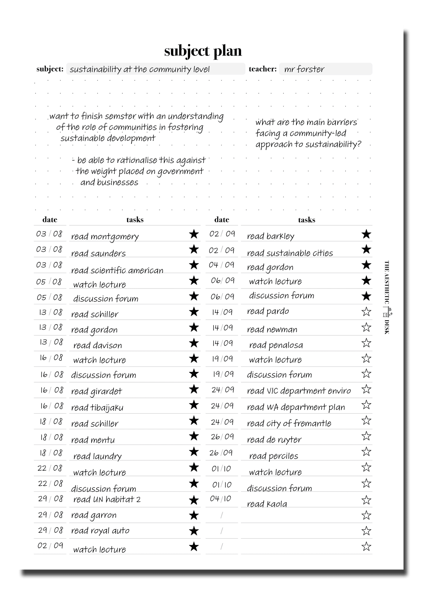The Aesthetic Desk Digital Templates Subject Plan