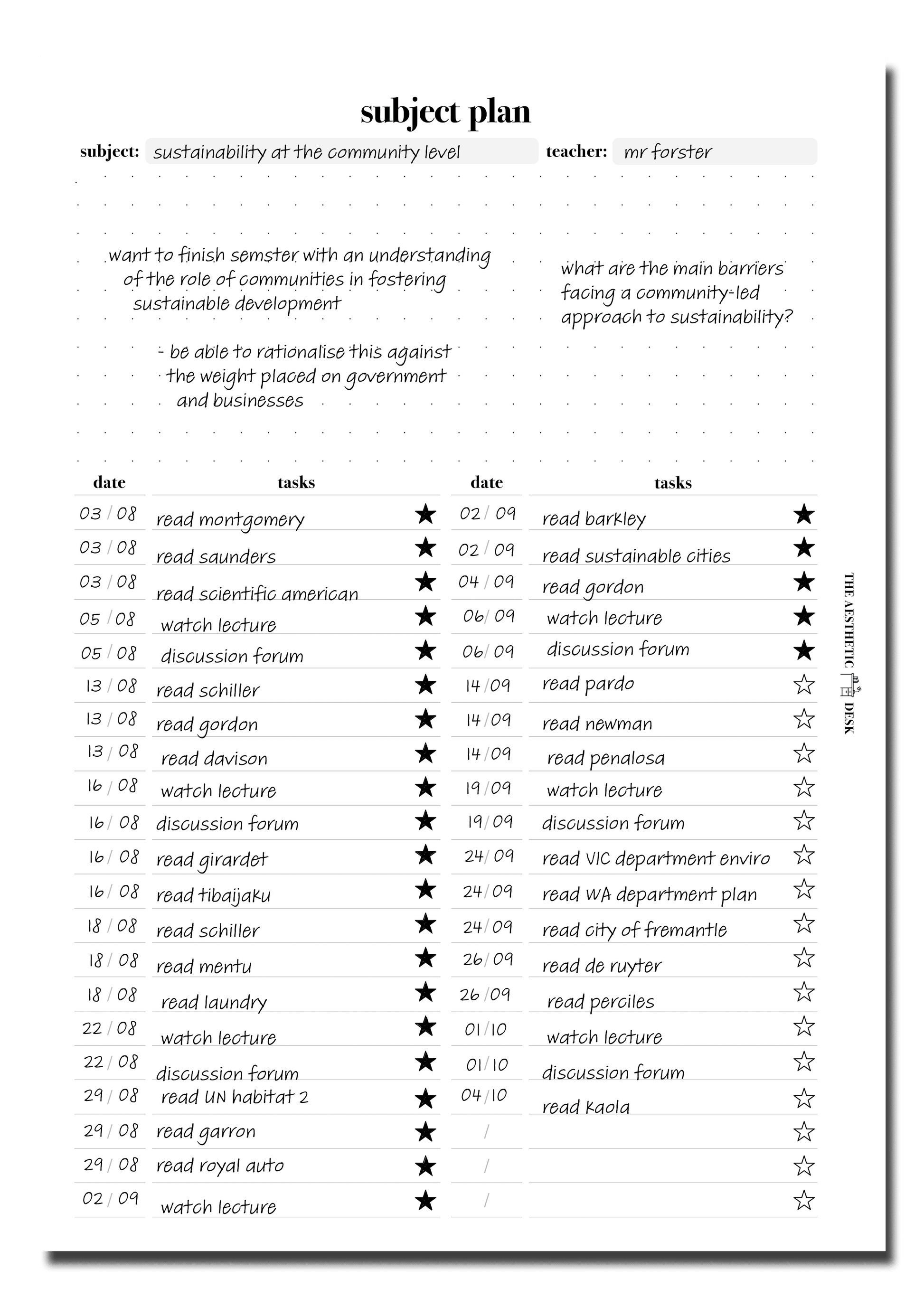The Aesthetic Desk Digital Templates Subject Plan