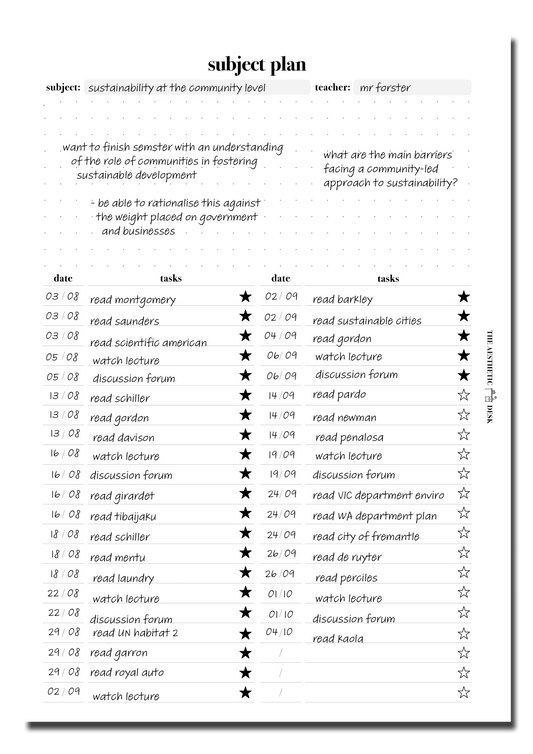 The Aesthetic Desk Digital Templates Subject Plan